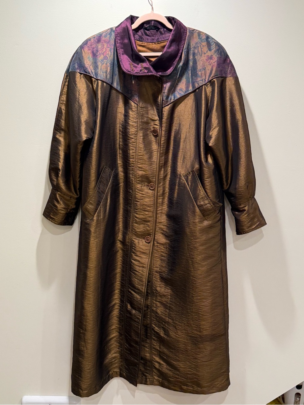 Vintage Bronze Metallic Trench Coat Purple Floral Yoke Statement Coat